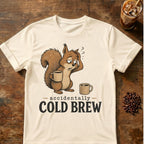 Cold brew squirrel coffee graphic on a Natural T-shirt