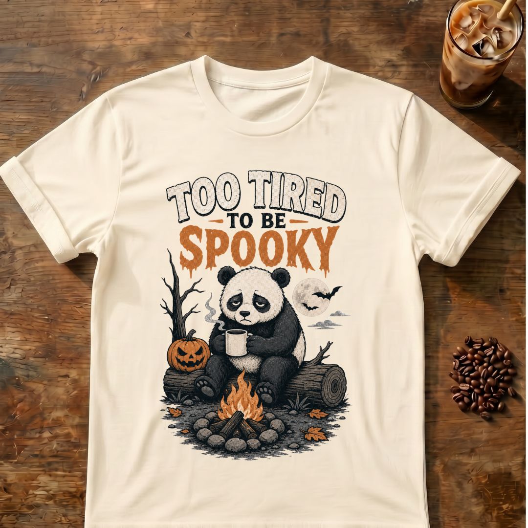 Bat coffee graphic for Too Tired to Be Spooky Panda on natural T-shirt