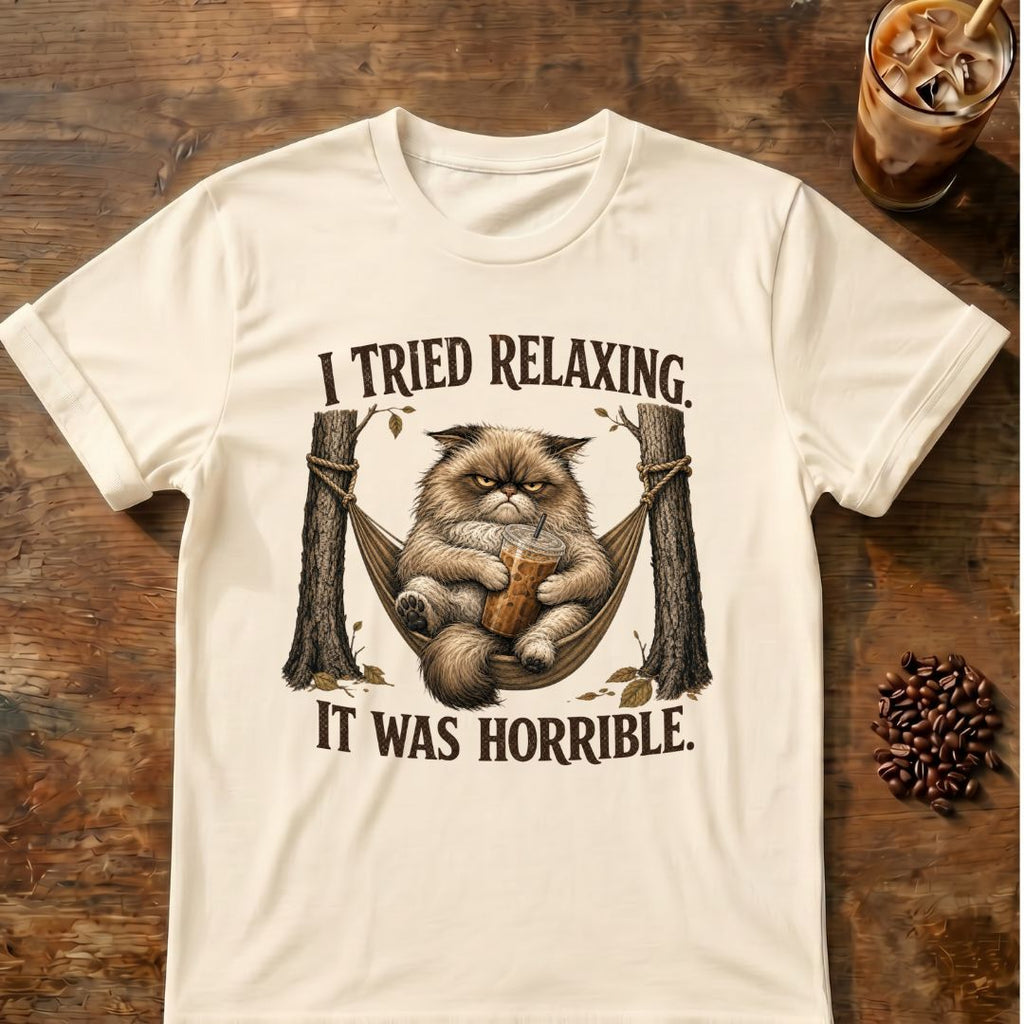 "I Tried Relaxing It Was Horrible" Funny Lazy Cat T-Shirt