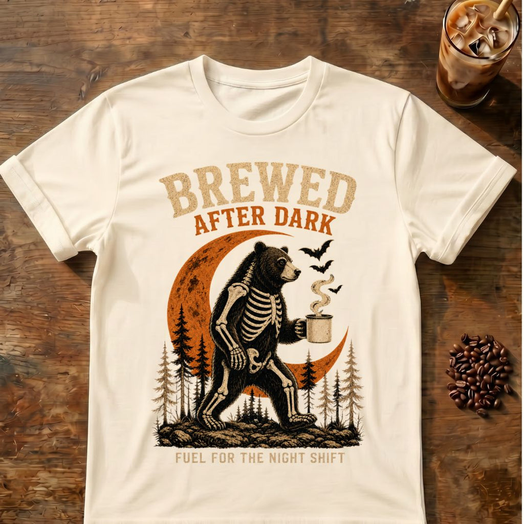 Bear coffee graphic for Brewed After Dark Bear Halloween on natural T-shirt