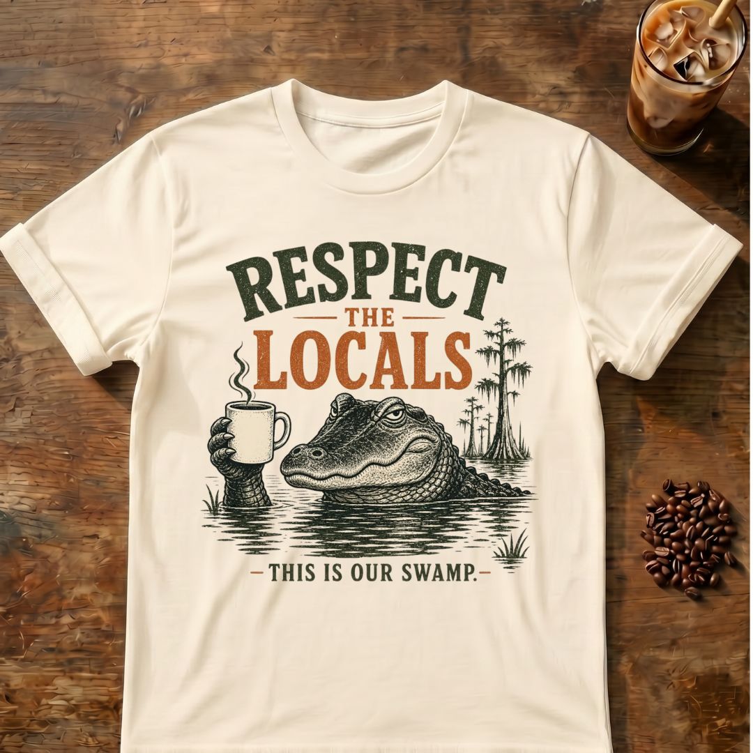 Coffee graphic for Respect the Locals Alligator on natural T-shirt