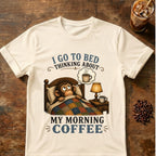 Monkey coffee graphic for Morning Coffee Monkey on natural T-shirt