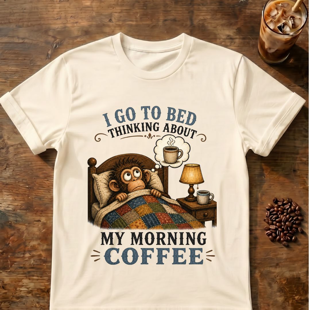 Monkey coffee graphic for Morning Coffee Monkey on natural T-shirt