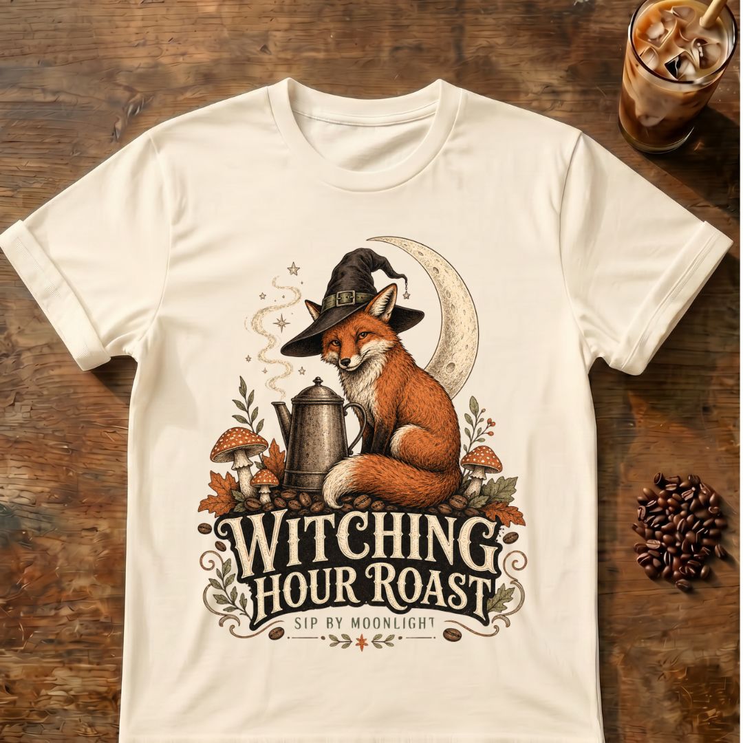 Fox coffee graphic for Witching Hour Roast Fox on natural T-shirt