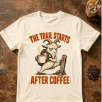 Goat coffee graphic for Trail Starts on natural T-shirt