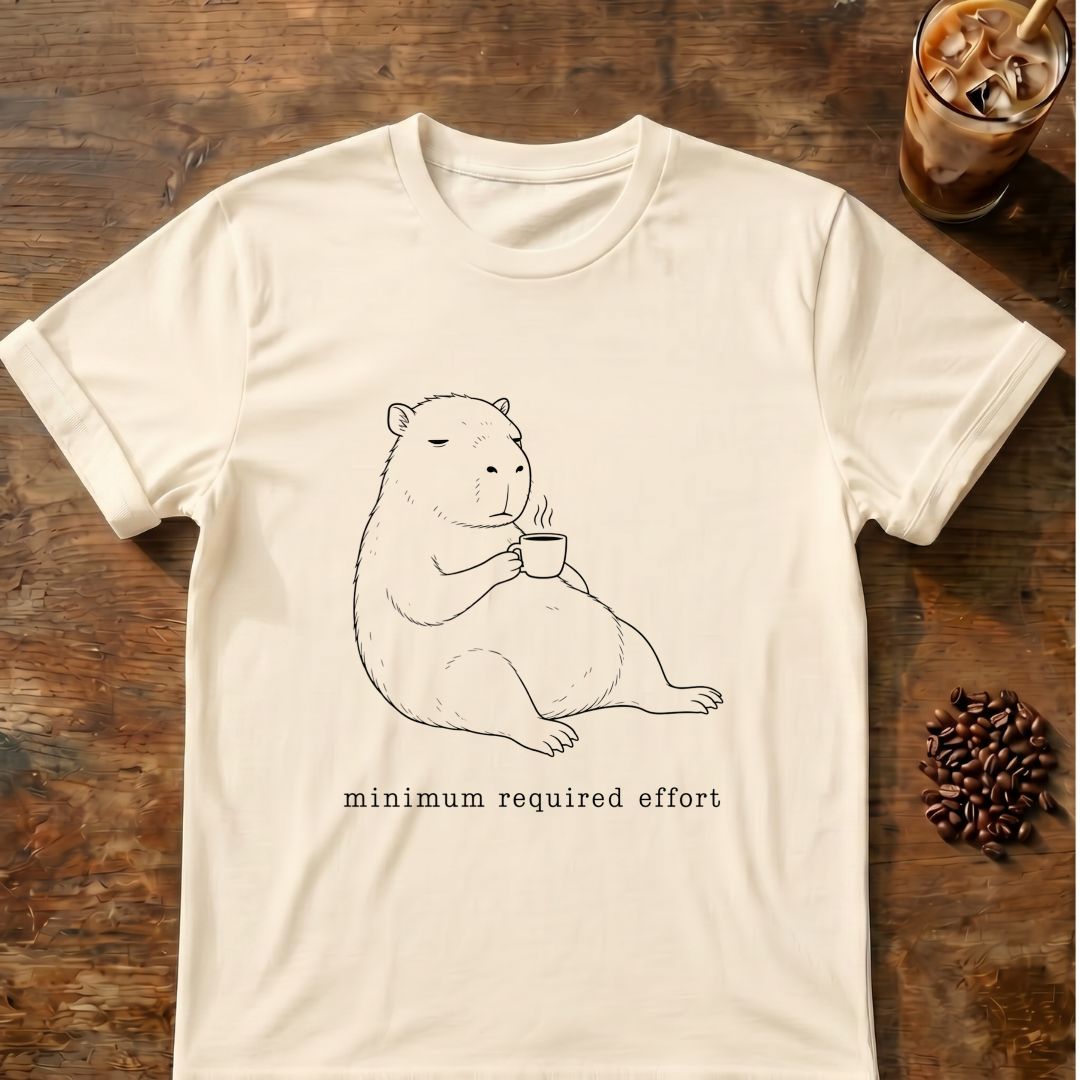 Capybara coffee graphic for Minimum Required Effort Capybara on natural T-shirt