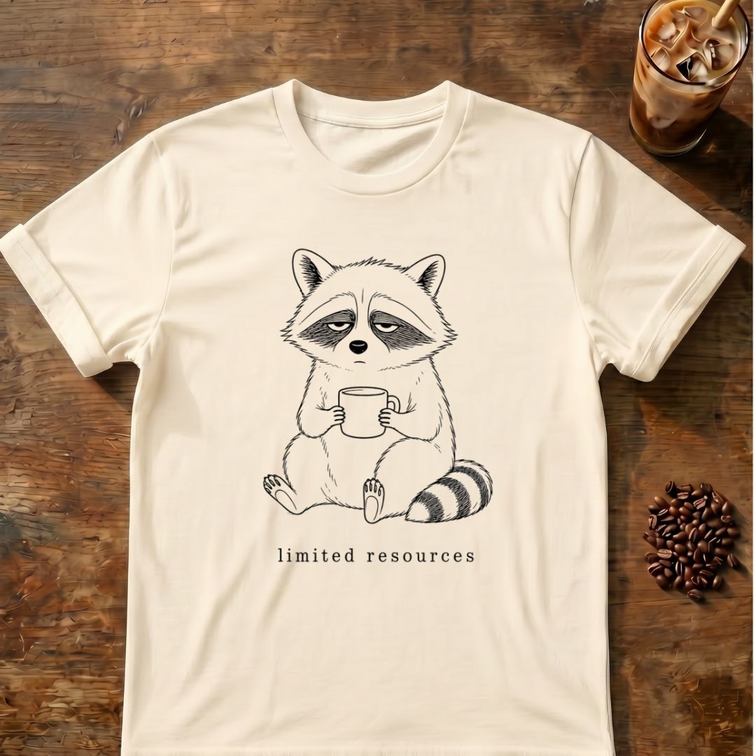 Raccoon coffee graphic for Minimal Raccoon Coffee on natural T-shirt