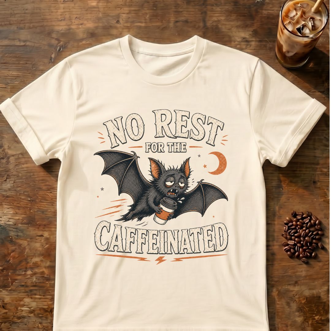 Bat coffee graphic for No Rest Bat on natural T-shirt