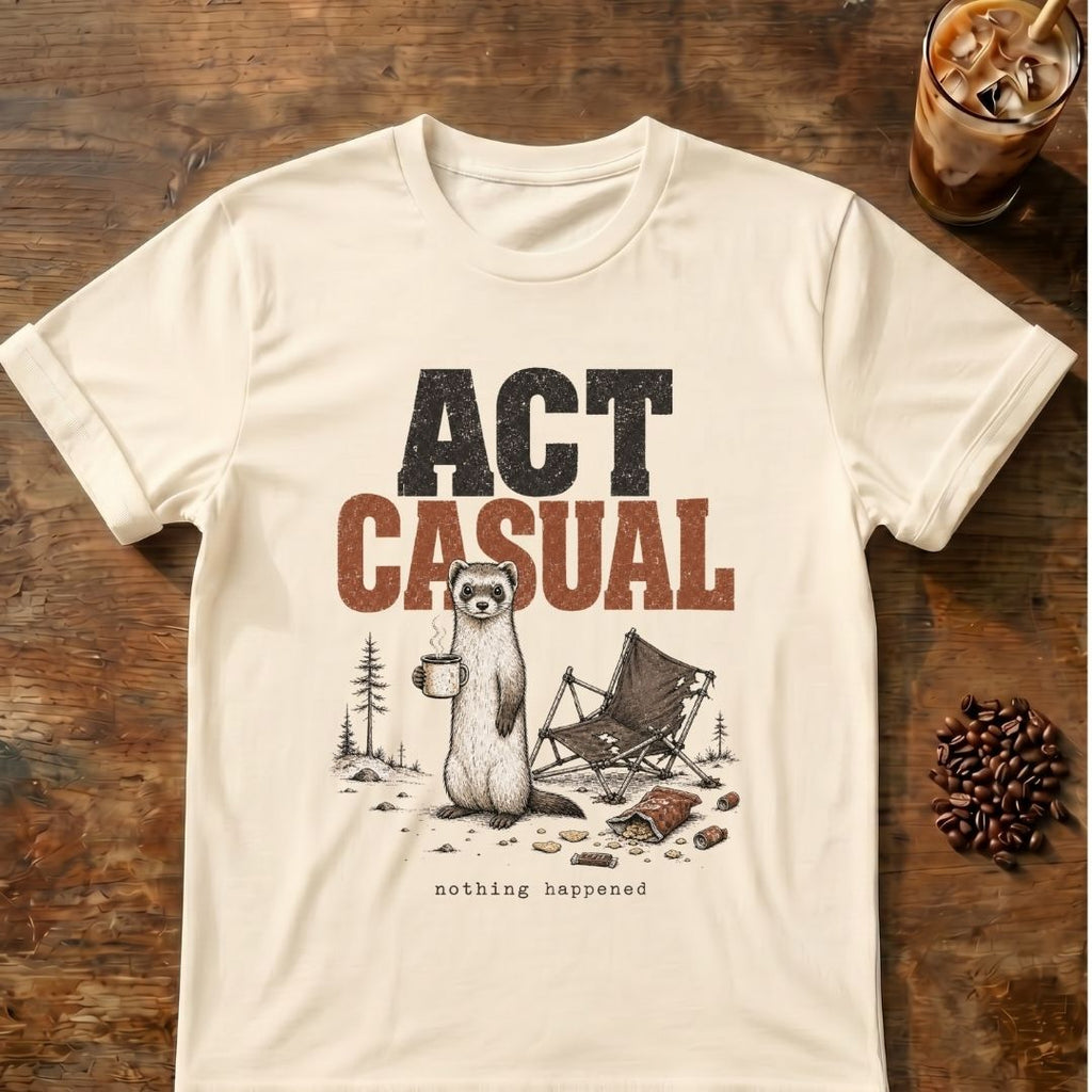 Weasel coffee graphic for Act Casual Weasel on natural T-shirt