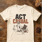 Weasel coffee graphic for Act Casual Weasel on natural T-shirt