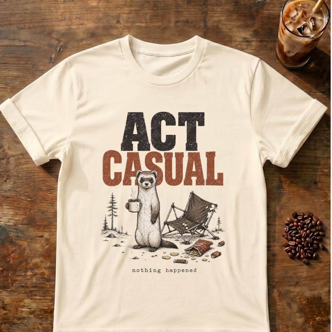 Weasel coffee graphic for Act Casual Weasel on natural T-shirt