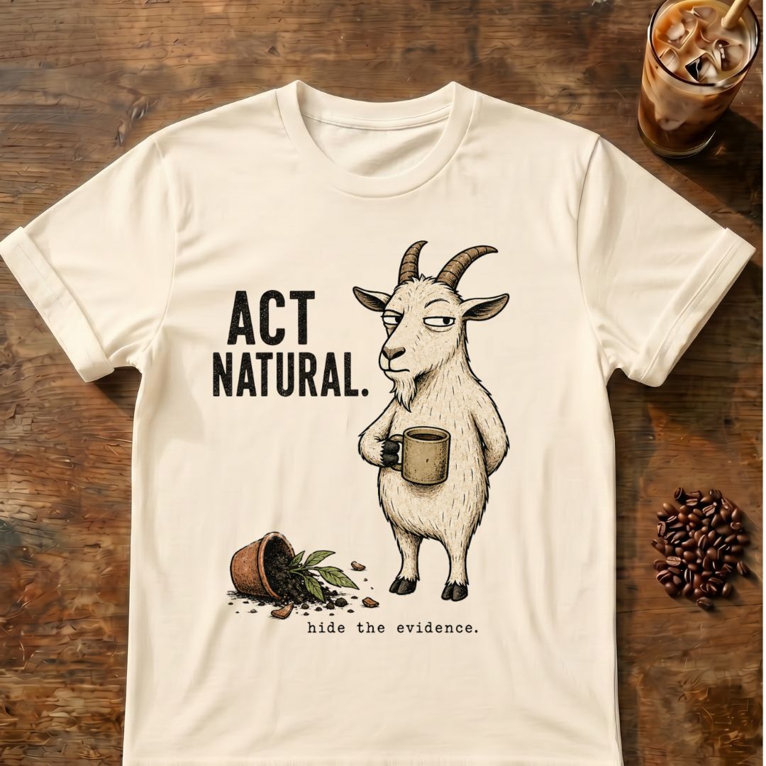 Goat “Act Natural” graphic on a Natural T-shirt
