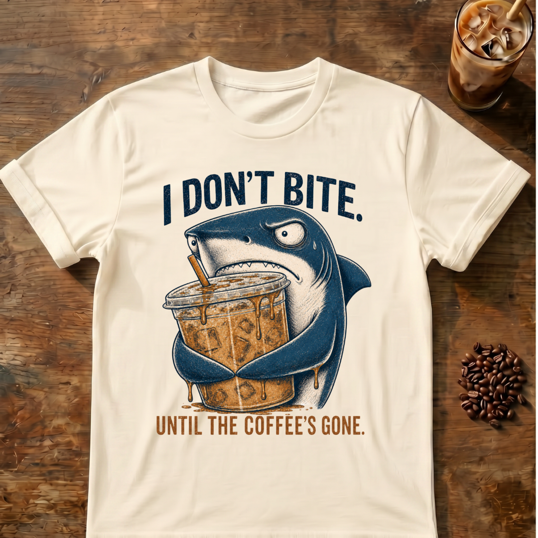 I Don't Bite Until the Coffee's Gone Shark Coffee T-Shirt