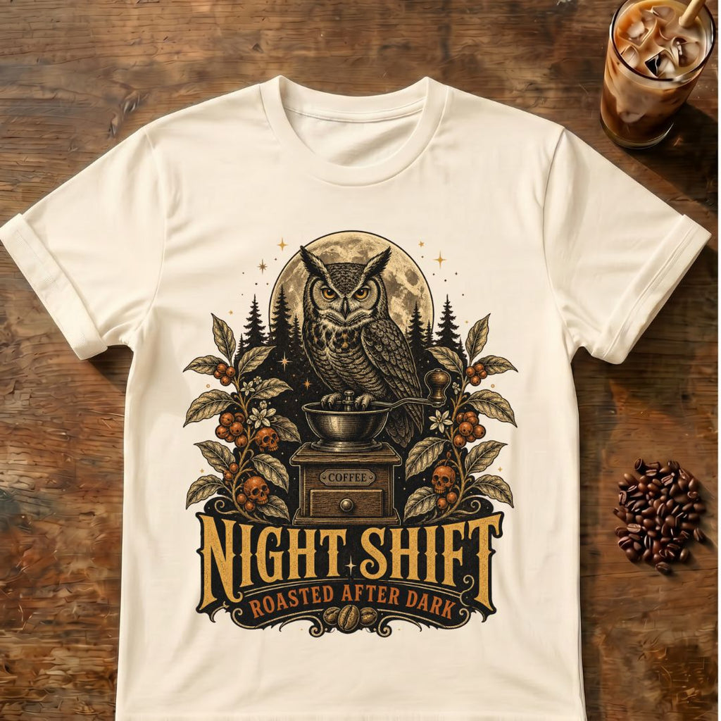 Owl coffee graphic for Night Shift Owl Coffee on natural T-shirt