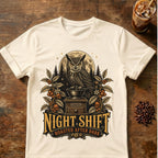 Owl coffee graphic for Night Shift Owl Coffee on natural T-shirt