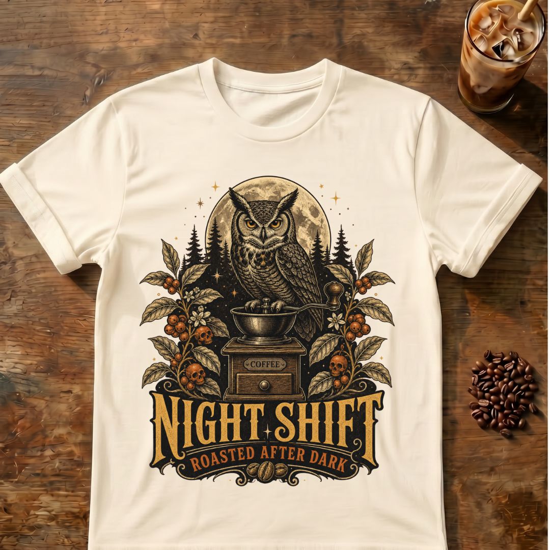 Owl coffee graphic for Night Shift Owl Coffee on natural T-shirt
