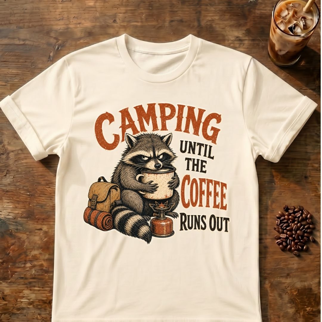 Raccoon coffee graphic for Camping Until on natural T-shirt