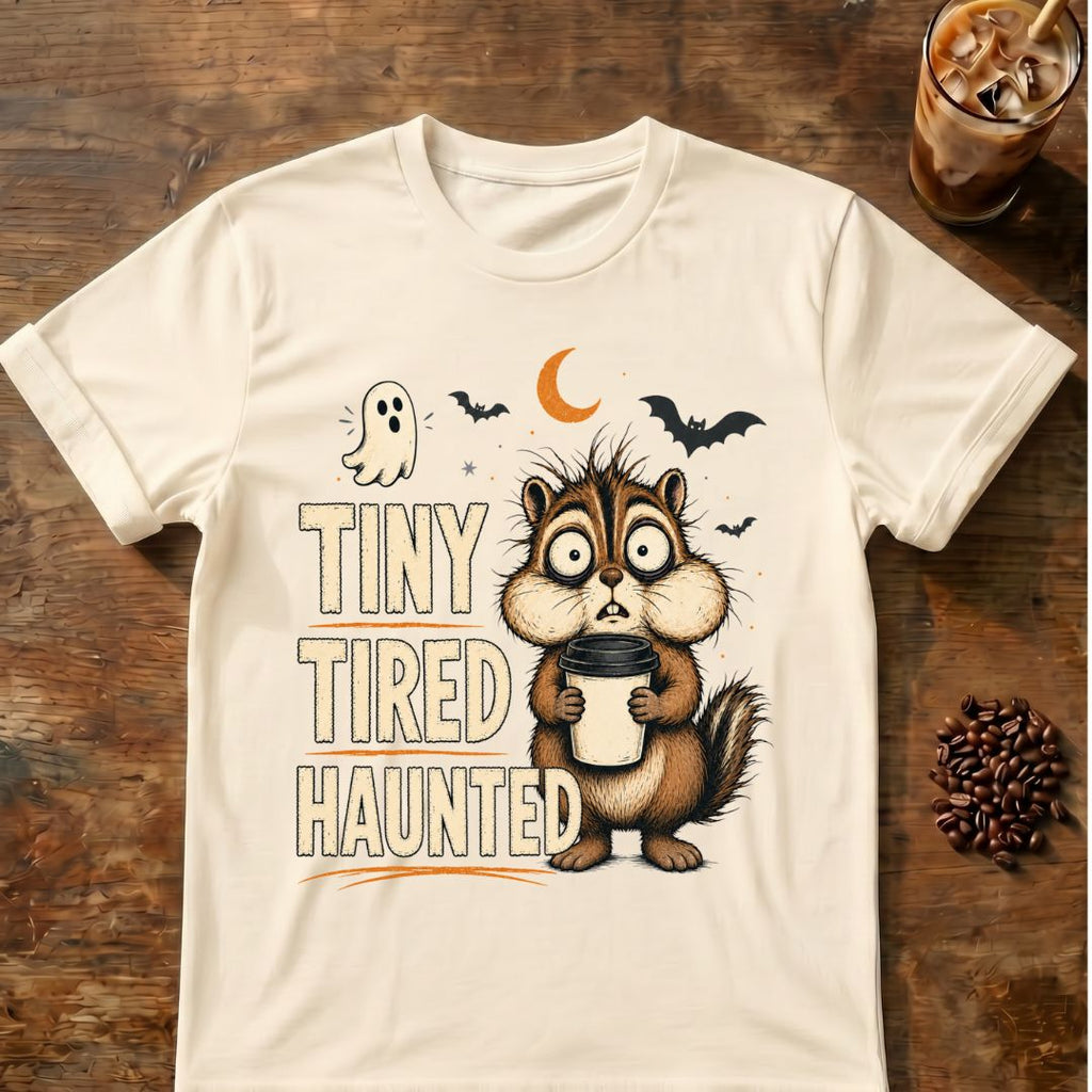 Chipmunk coffee graphic for Tiny Tired Haunted Chipmunk on natural T-shirt