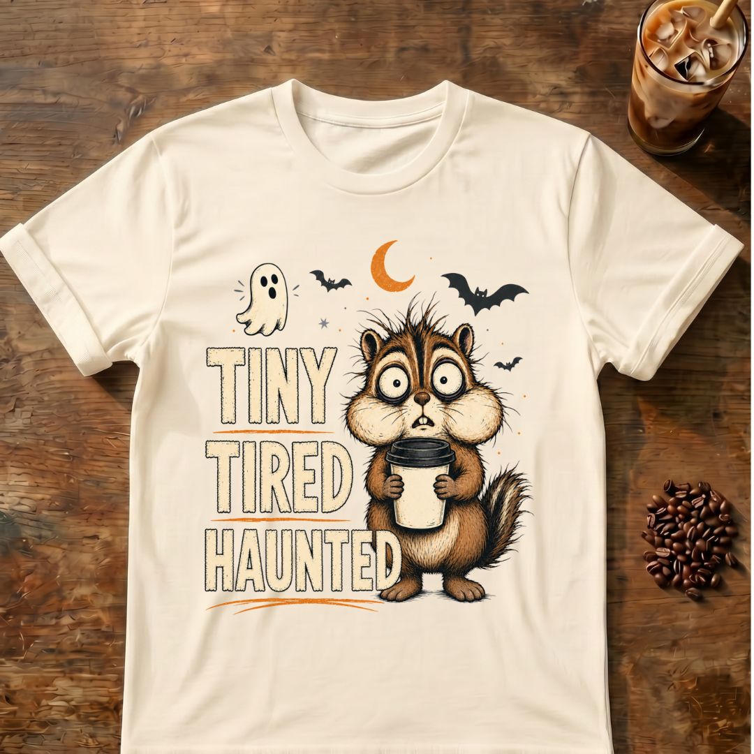 Chipmunk coffee graphic for Tiny Tired Haunted Chipmunk on natural T-shirt