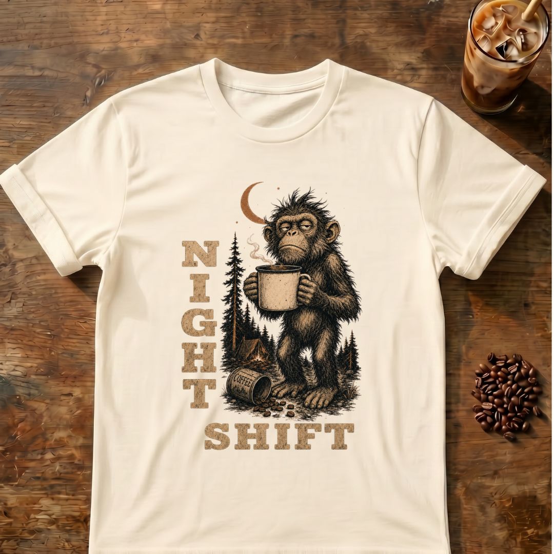 Monkey coffee graphic for Night Shift Monkey on natural T-shirt