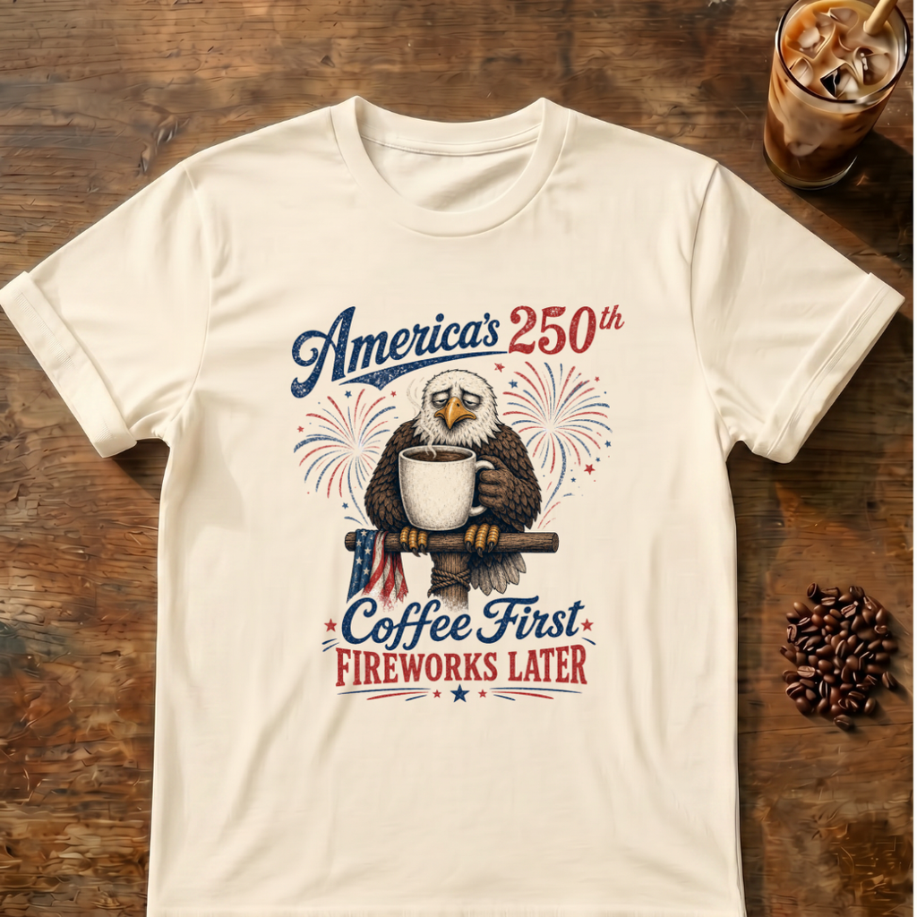 Coffee First, Fireworks Later T‑Shirt