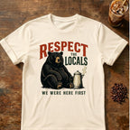 Bear coffee graphic for Respect the Locals Bear on natural T-shirt