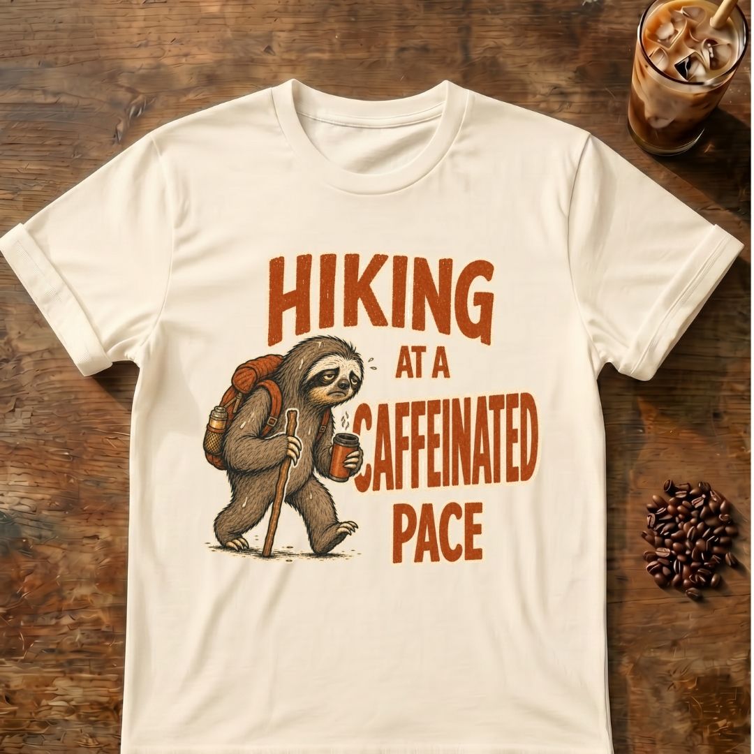 Sloth coffee graphic for Pace Sloth on natural T-shirt