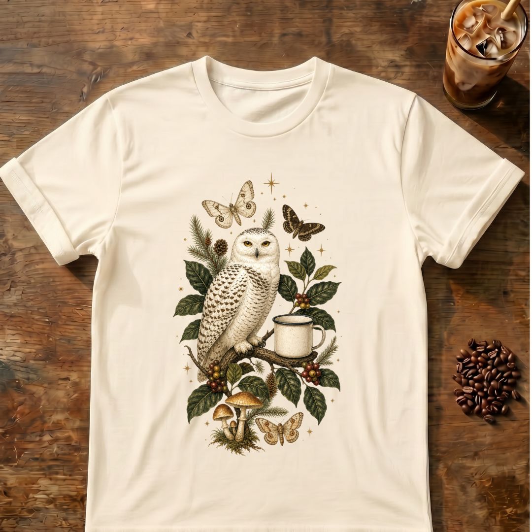 Butterfly coffee graphic for Snowy Owl Coffee Botanical on natural T-shirt