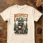 Raccoon coffee graphic for Respect the Locals Raccoon on natural T-shirt