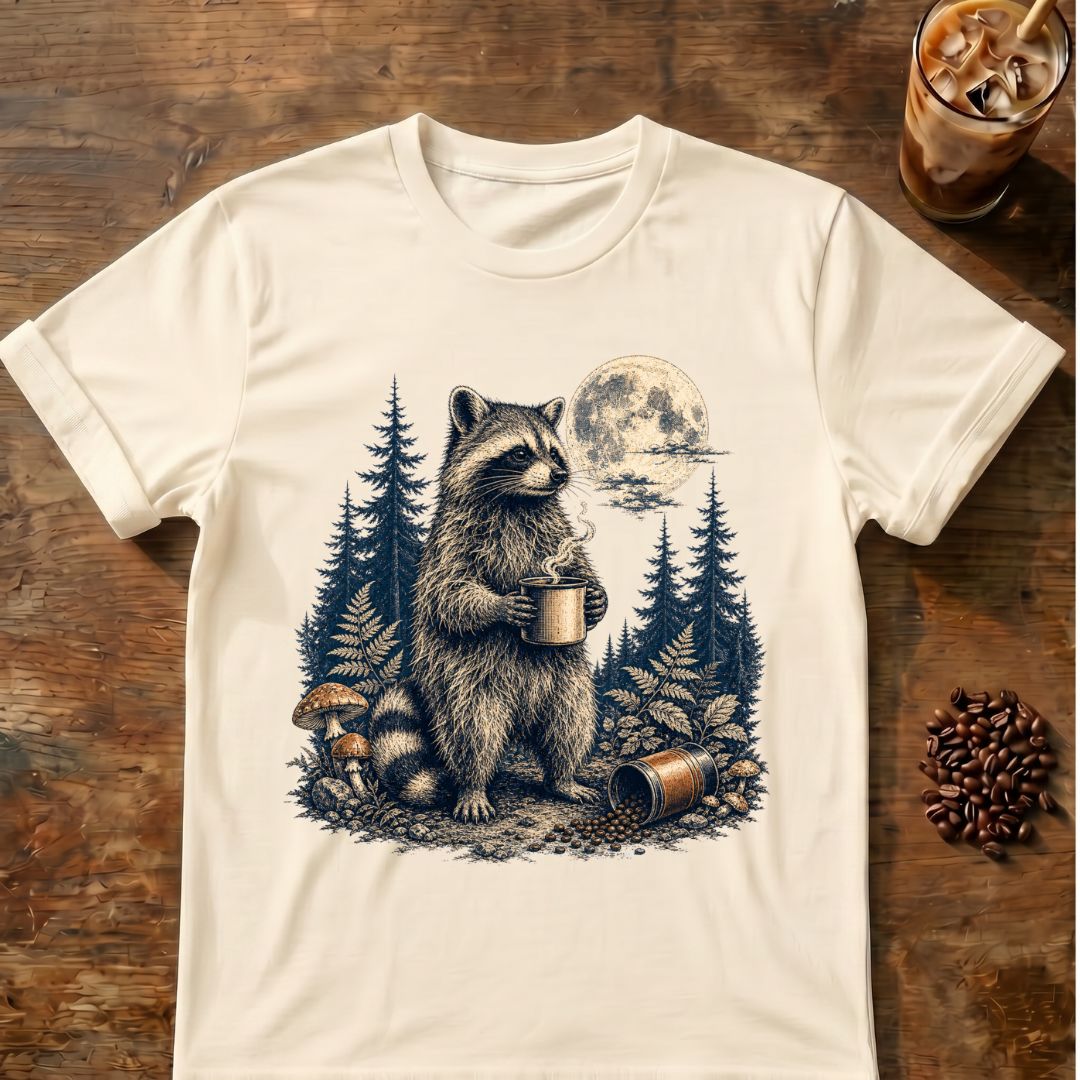 Raccoon coffee graphic for Moonlit Raccoon Coffee on natural T-shirt