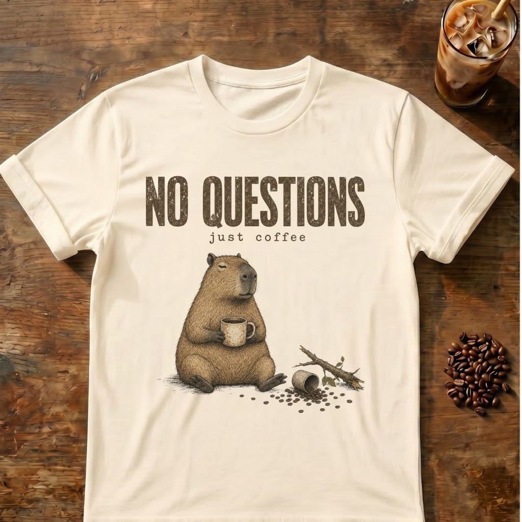 Capybara coffee graphic for No Questions Capybara on natural T-shirt