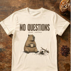 Capybara coffee graphic for No Questions Capybara on natural T-shirt