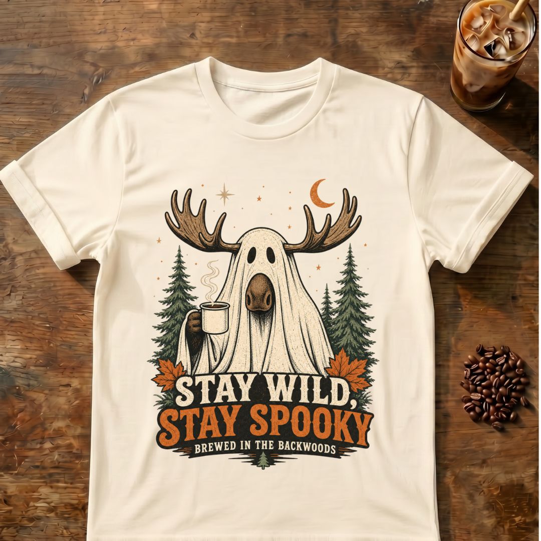 Moose coffee graphic for Stay Wild Stay Spooky Moose on natural T-shirt