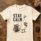 Goose coffee graphic for Stay Calm Goose on natural T-shirt