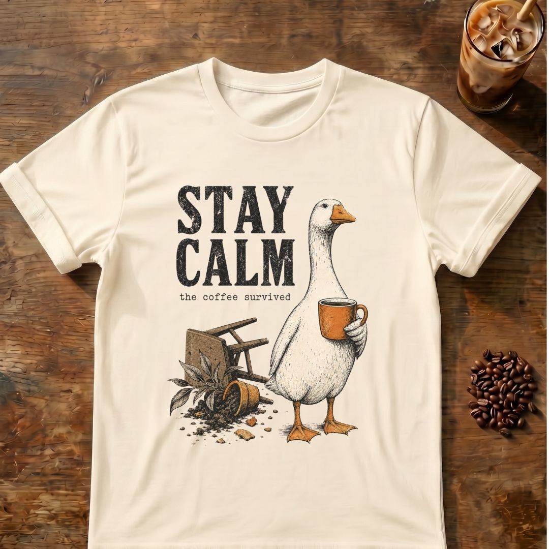 Goose coffee graphic for Stay Calm Goose on natural T-shirt