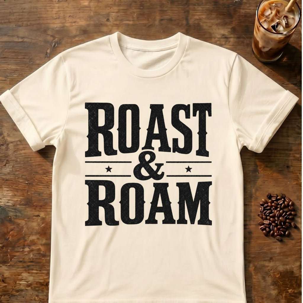 Cat coffee graphic for Roast and Roam on natural T-shirt