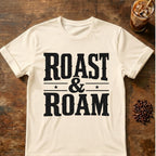 Cat coffee graphic for Roast and Roam on natural T-shirt