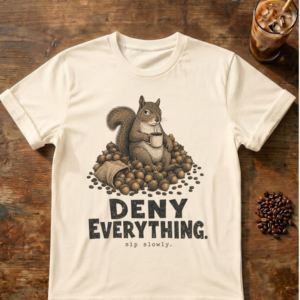 An off-white short-sleeve graphic t-shirt laid flat on a rustic wooden table. The shirt features a detailed illustration of a squirrel sitting in a pile of coffee beans and holding a mug, with the text 'DENY EVERYTHING.