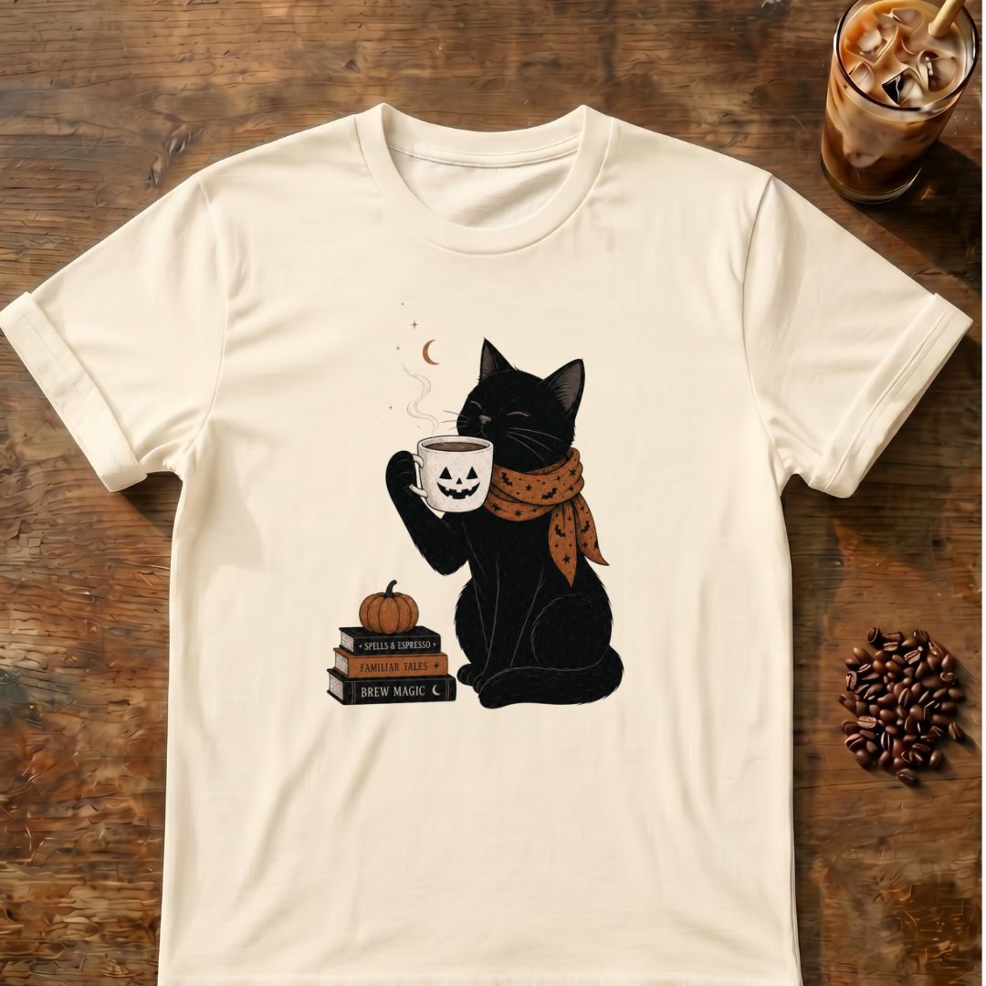 Cat coffee graphic for Halloween Black Cat Coffee on natural T-shirt