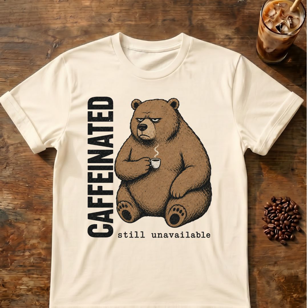 Caffeinated bear coffee graphic on a Natural T-shirt