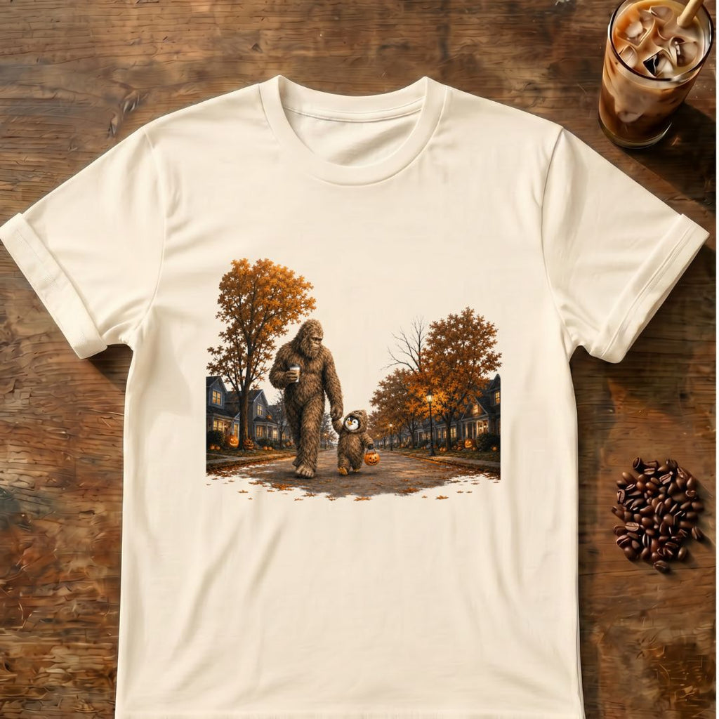 Coffee graphic for Bigfoot Trick-or-Treat Halloween on natural T-shirt