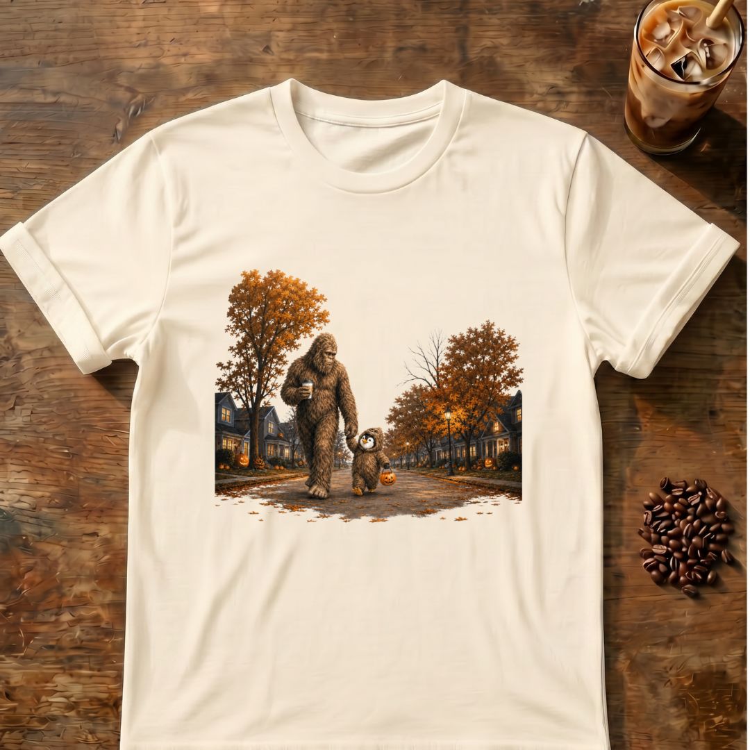 Coffee graphic for Bigfoot Trick-or-Treat Halloween on natural T-shirt