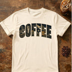Raccoon coffee graphic for Woodland Coffee Typography on natural T-shirt
