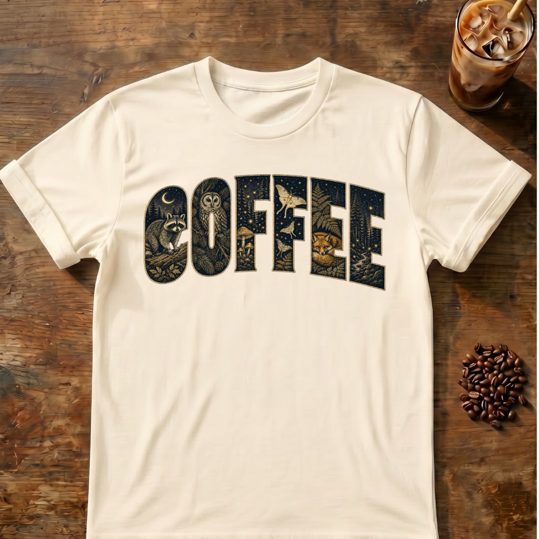 Raccoon coffee graphic for Woodland Coffee Typography on natural T-shirt