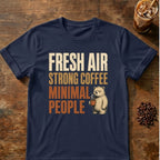 Bear coffee graphic for Fresh Air on navy T-shirt