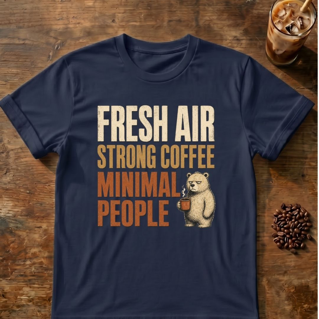 Bear coffee graphic for Fresh Air on navy T-shirt