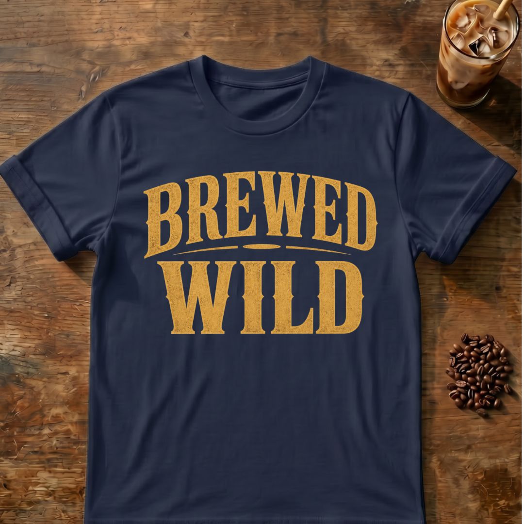 Coffee graphic for Brewed Wild Text on navy T-shirt