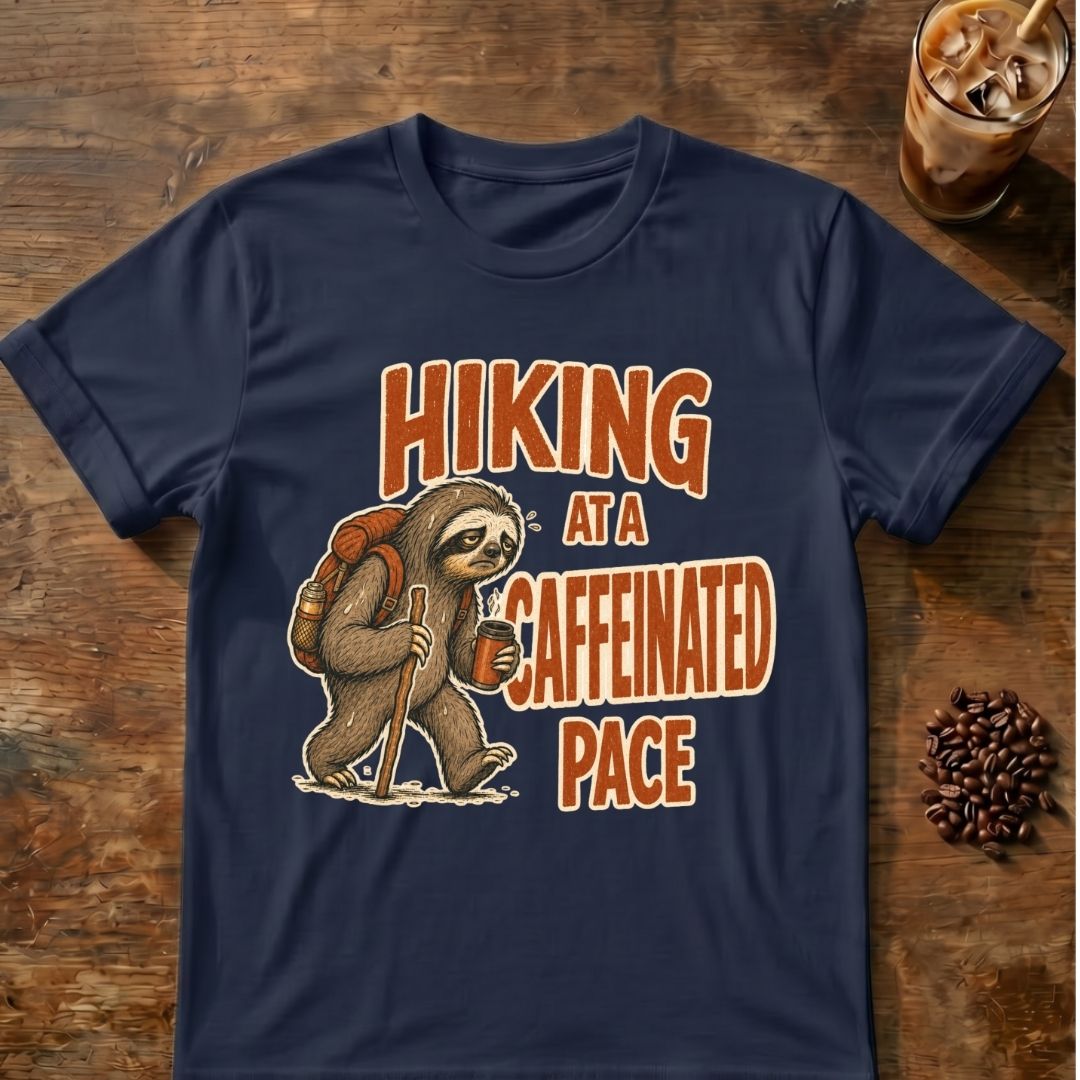 Sloth coffee graphic for Pace Sloth on navy T-shirt