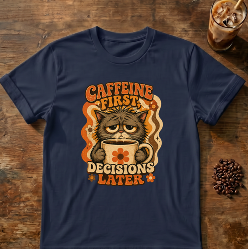 Grumpy cat “Caffeine First” coffee graphic on a Navy T-shirt