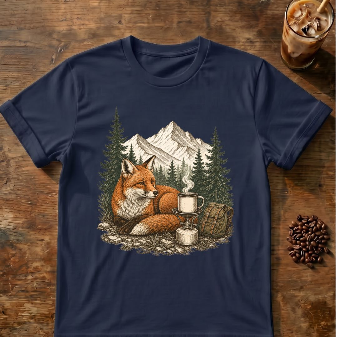Fox coffee graphic for Mountain Fox Camp Coffee on navy T-shirt